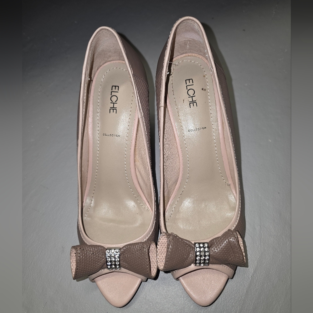 Elche Women's Blush Pink And Milky Brown Bow Peep-Toe Heels EUR 37 Or US 7